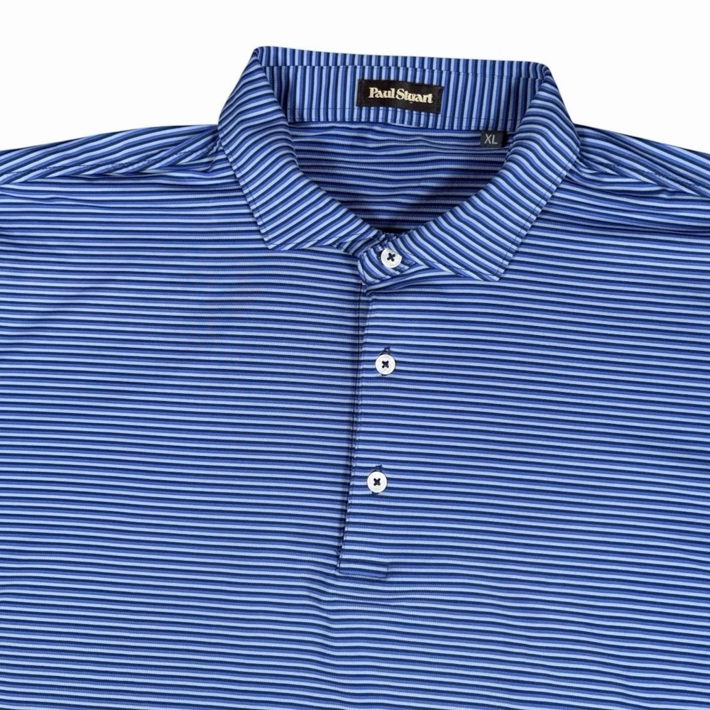 Paul Stuart Mens Sz XL Polo Shirt Blue Striped Short Sleeve Performance Stretch